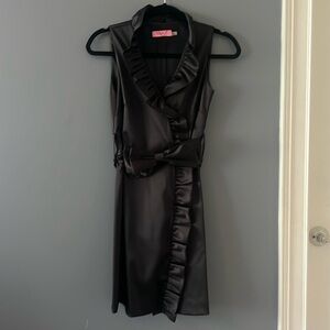 Black satin dress with bow and ruffles collar
